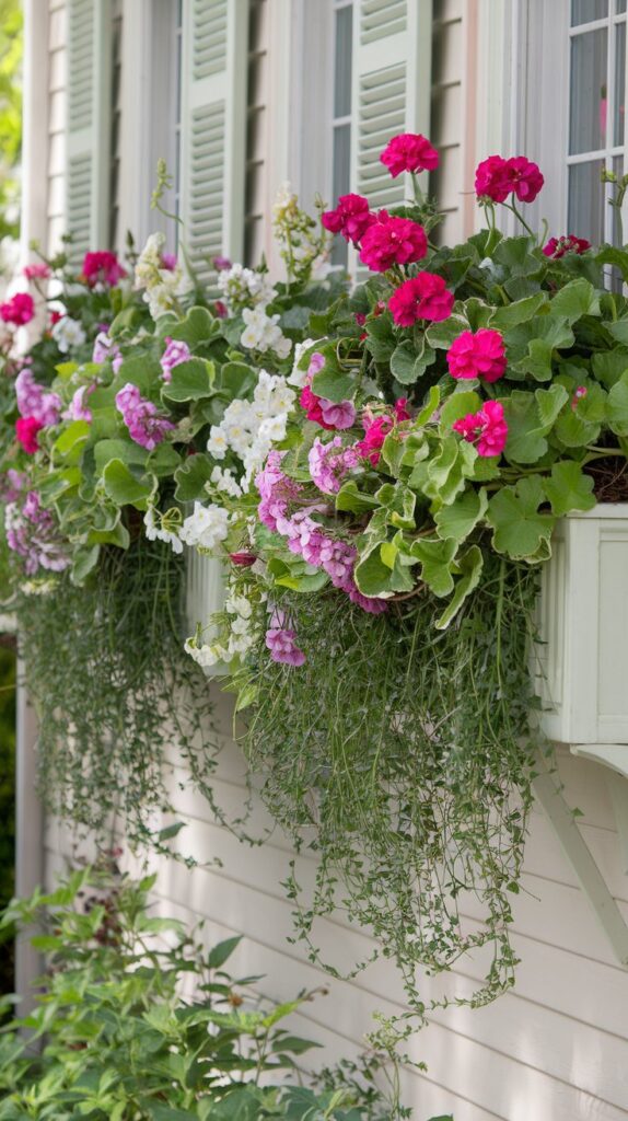 A cottage-style home with window boxes filled with geraniums, snapdragons, and trailing vines, creating a lush and vibrant garden look. Perfect for cottage-inspired porch decor.