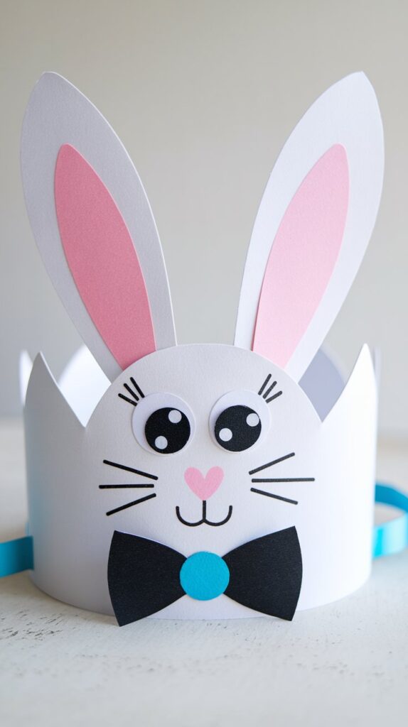  A handmade pastel white Bunny crown with large ears, a cute face, and a stylish bow tie.