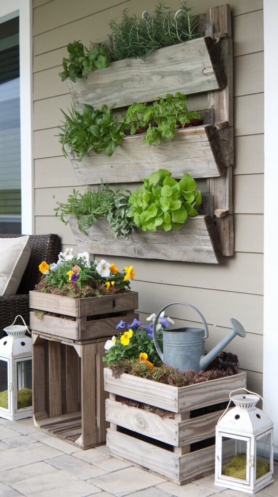 A rustic outdoor space featuring a vertical herb garden, upcycled planters, floral lanterns, and fairy lights for a fresh and eco-friendly spring decor update.