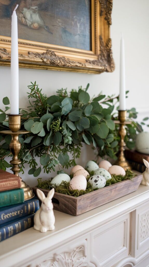 A charming Easter mantel with ceramic bunnies, and a tray of speckled eggs for a festive spring touch.