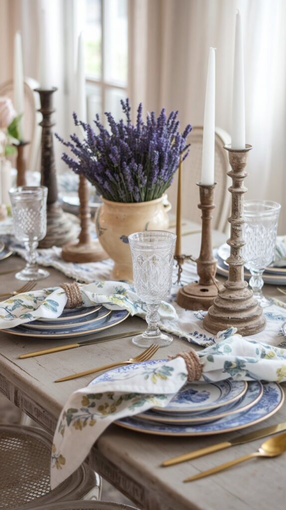 A French country-style spring table with blue-and-white china, floral napkins, a lavender centerpiece, and vintage candleholders for a classic and elegant look.