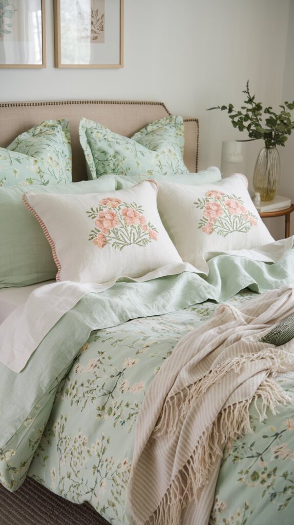 A spring bedroom with pastel linen bedding, floral prints, and a lightweight woven throw for a fresh and inviting seasonal refresh.