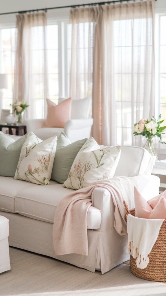 A bright living room styled with spring decor ideas, featuring linen throws, floral pillows, and sheer curtains that create a light and airy seasonal refresh.