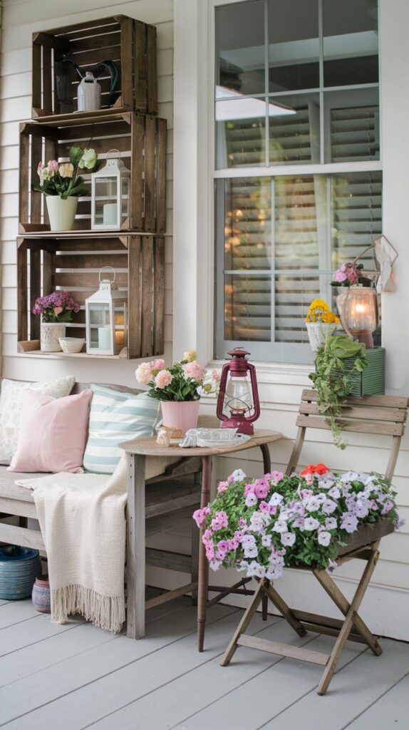 A rustic porch featuring upcycled furniture, potted flowers, and vintage accents for a charming and budget-friendly seasonal look.