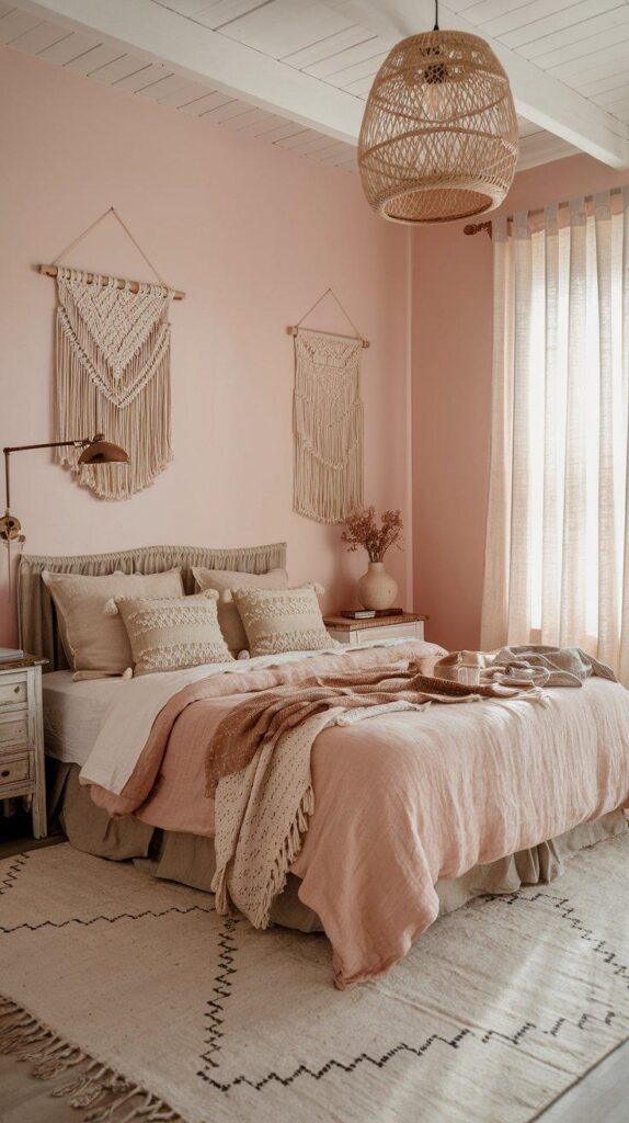 A soft and feminine boho bedroom with blush pink walls, linen bedding, vintage brass accents, and woven textures for a dreamy, curated retreat.