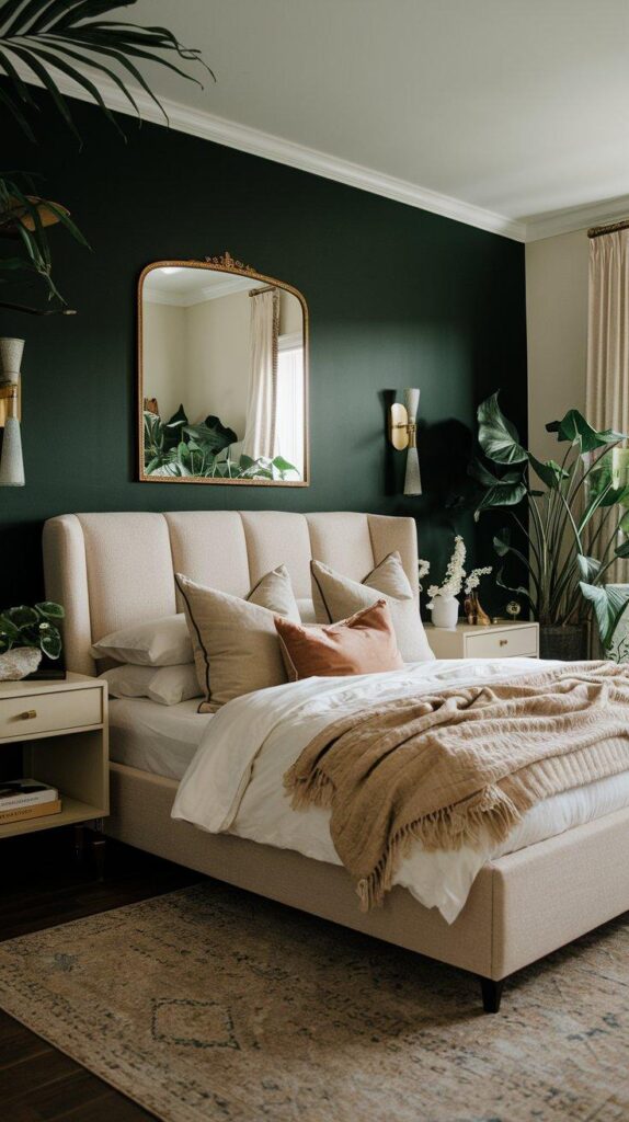 A modern bedroom with a bold dark green accent wall, a beige upholstered bed, gold-framed decor, and soft neutral furnishings for a dramatic yet balanced look.