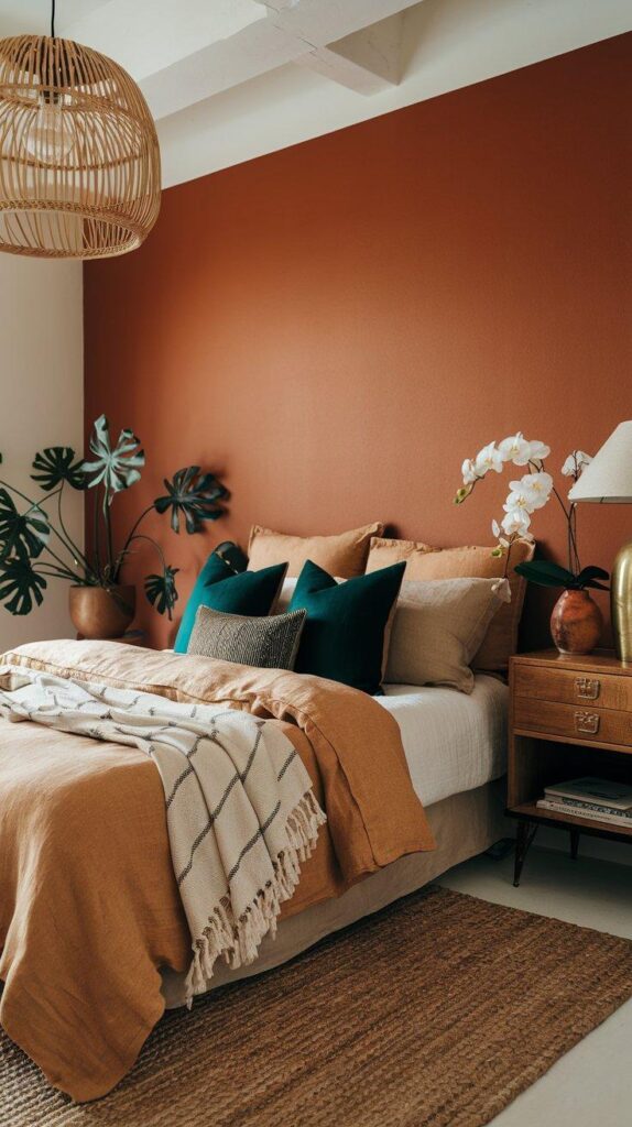 A boho bedroom with a burnt orange accent wall, layered bedding, brass accents, and woven details.