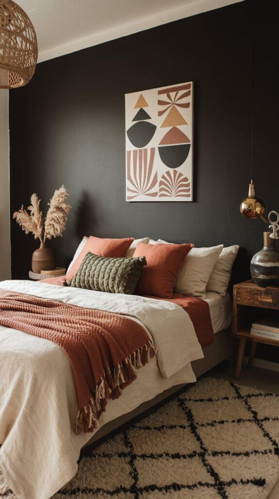 A modern boho bedroom with a charcoal gray accent wall, earthy-toned bedding, vintage brass decor, and natural textures for a bold yet inviting aesthetic, featuring a Boho Chic Bedroom Color Palette.