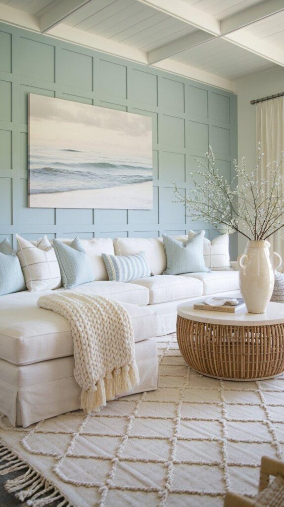 Neutral coastal living room with soft blue accents, rattan coffee table, and a soft beach-inspired color palette.