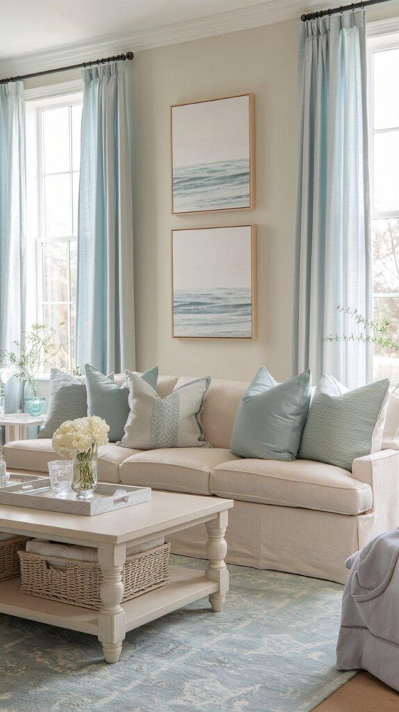 Soft blue pillows, natural greenery, beige sofa, light wood accents, and framed coastal artwork for a serene design.