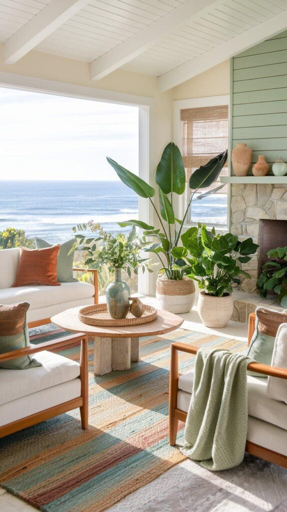White furniture, woven accents, vibrant indoor plants, and ocean views for a tropical seaside vibe.