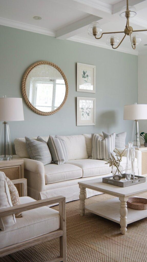 Sage green accent wall, rope-framed mirror, glass vases, and white furniture for a light-reflecting beachy look.