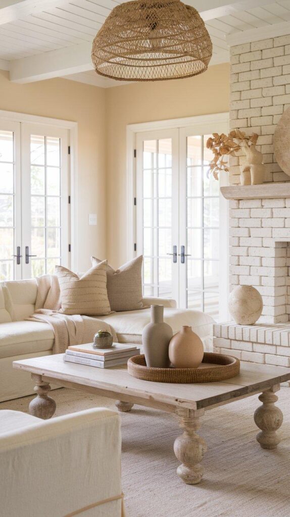 Coastal-inspired neutral living room with rustic wood coffee table, stone vases, jute rug, and whitewashed brick fireplace for a warm, and woven and rattan furniture.