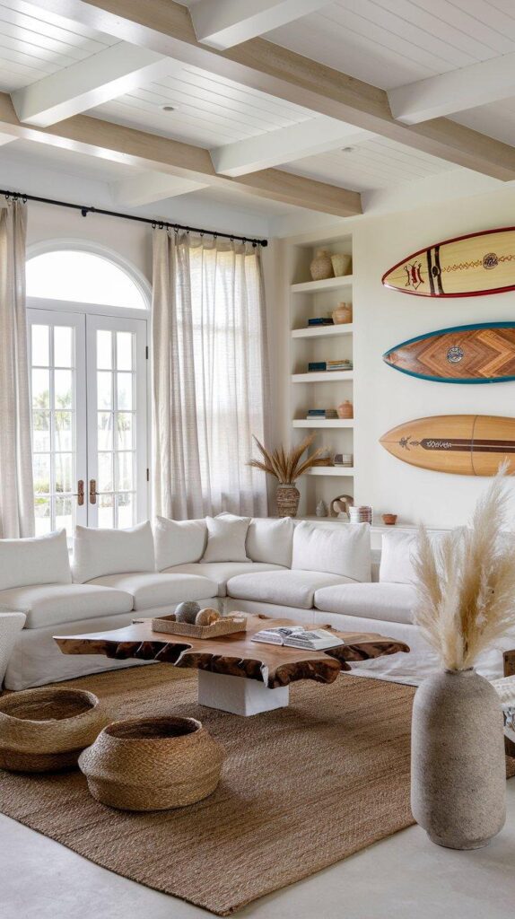 Coastal living room with natural details, and surf decor.