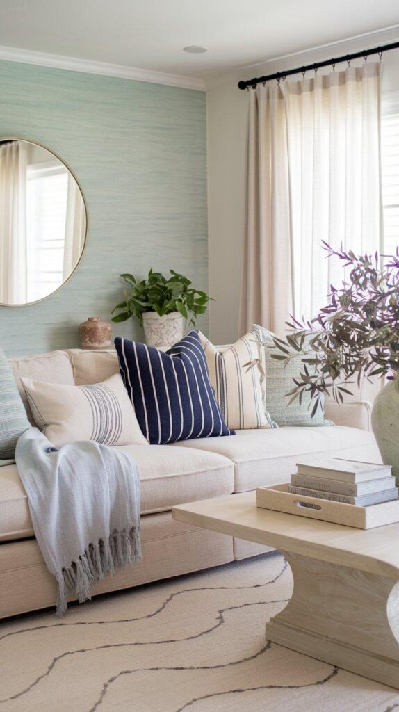 Coastal living room with striped and textured pillows, seafoam accent wall, and soft ocean-inspired textiles for a relaxed beachy style.