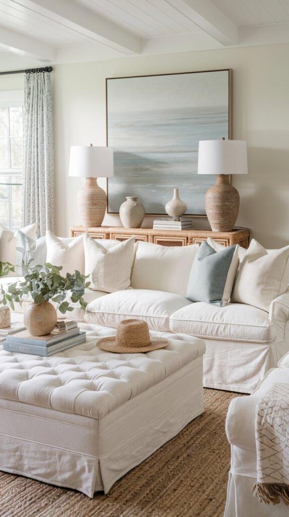 Bright coastal living room with layered neutral tones, tufted ivory ottoman, linen sofa, and soft blue accents for a breezy seaside feel.