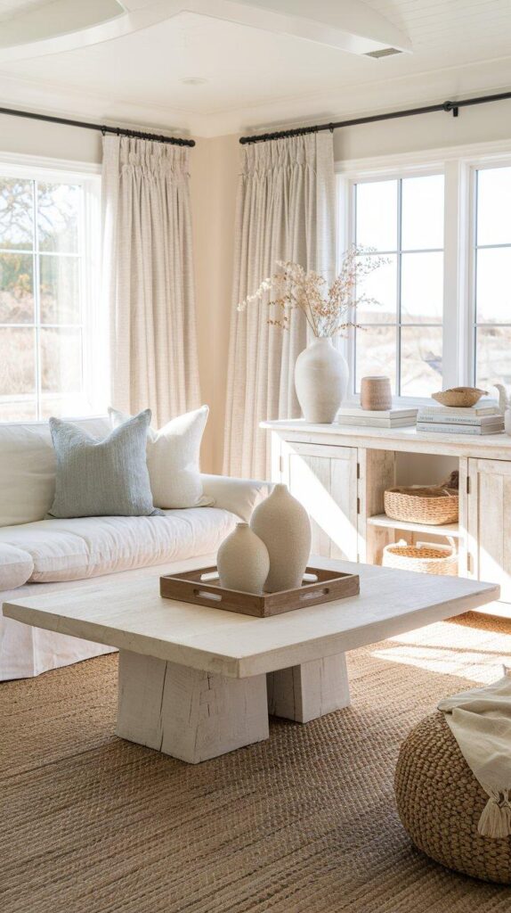 Coastal living room with whitewashed coffee table, light wood accents, and neutral tones for a warm beachy aesthetic.