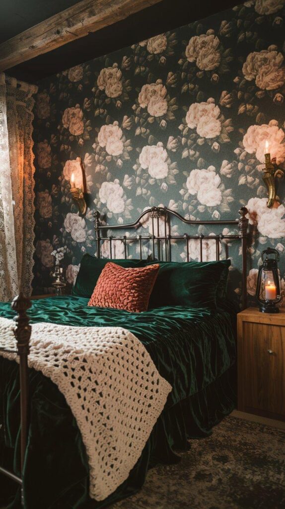 Cozy dark cottagecore bedroom with floral wallpaper, green velvet bedding, crochet blanket, and moody vintage lighting.