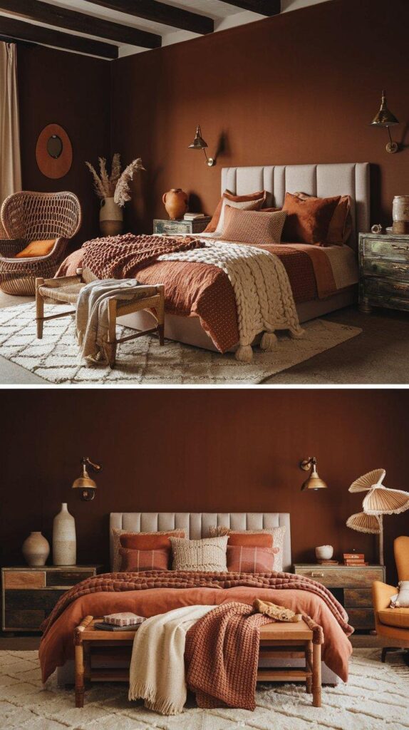 A cozy bohemian bedroom with deep brown walls, layered bedding, and natural textures like rattan, wood, and linen for a warm, inviting atmosphere.