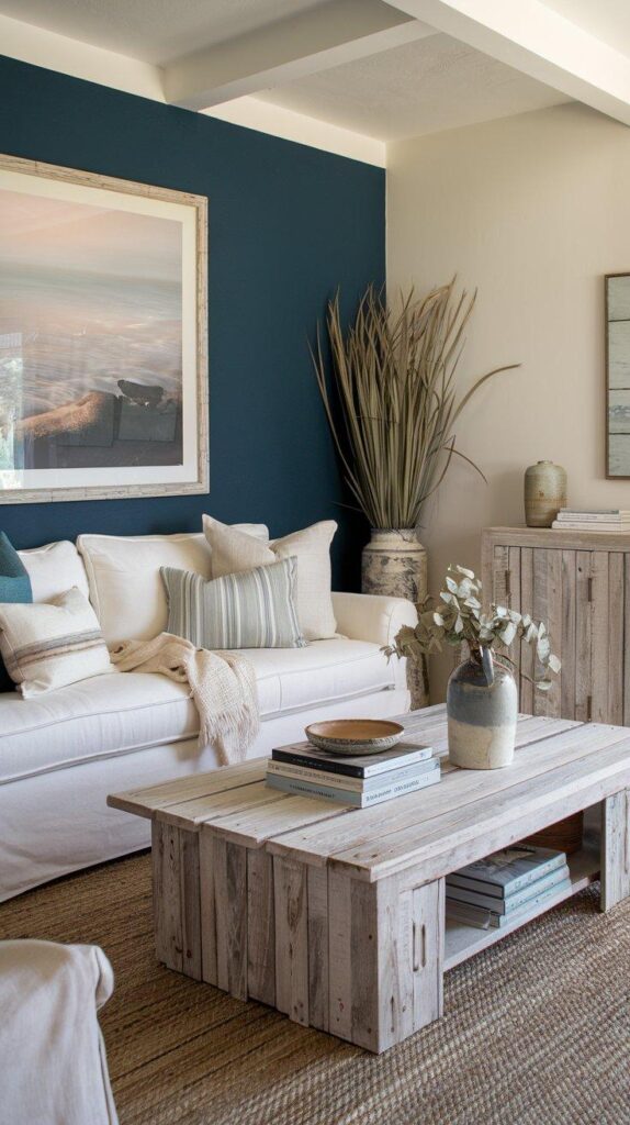 Coastal living room with stormy blue accent wall, driftwood coffee table, and neutral decor for a warm, rustic beach house vibe.