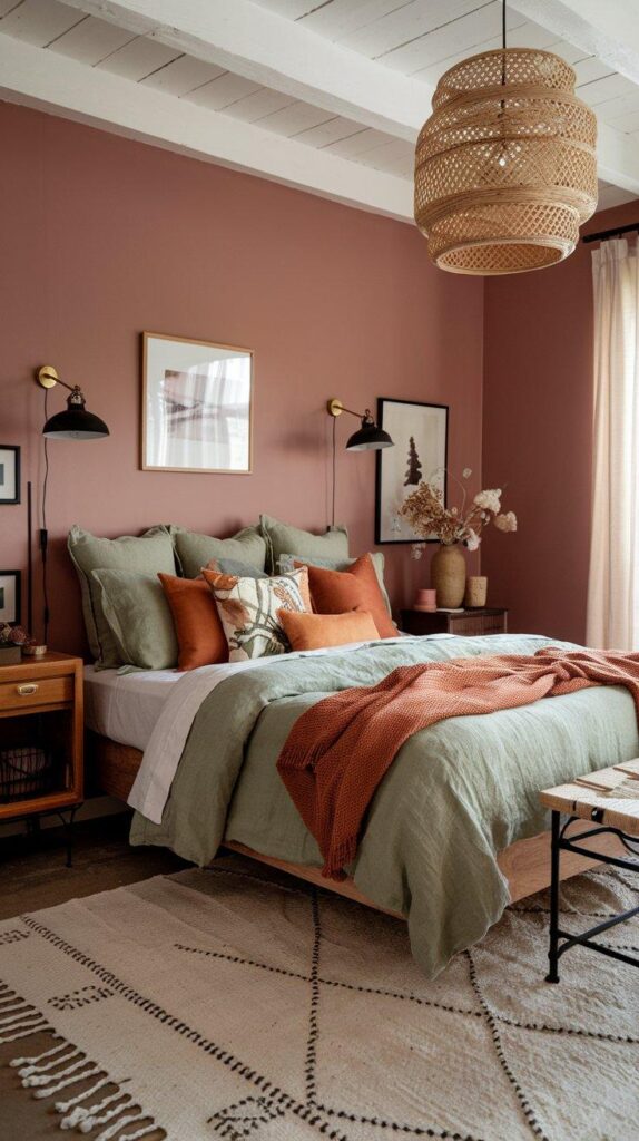 A soft and romantic boho bedroom with dusty rose walls, vintage furniture, brass accents, and earthy-toned textiles for a warm, nostalgic feel.
