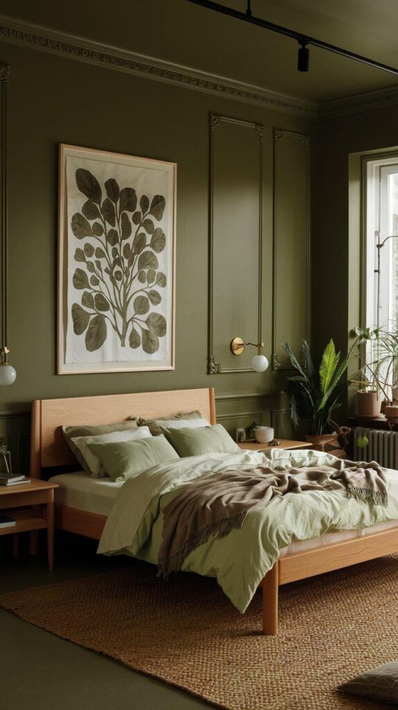 Earthy green bedroom with forest green walls, light oak furniture, and natural textures for a warm, calming forest-inspired atmosphere.