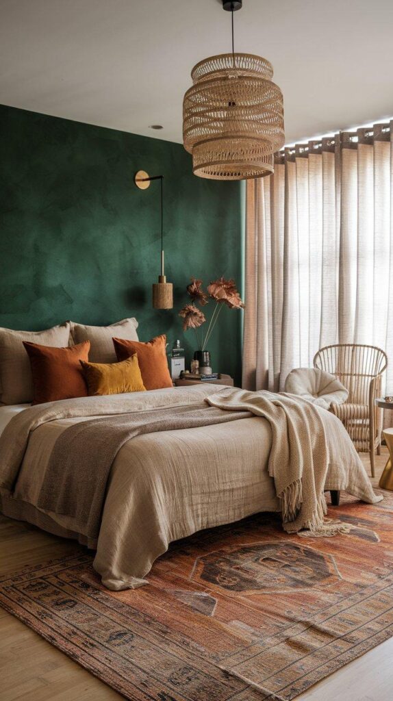 A boho-chic bedroom with an emerald green accent wall, warm-toned linen bedding, brass fixtures, and vintage-inspired decor for a bold yet organic aesthetic.