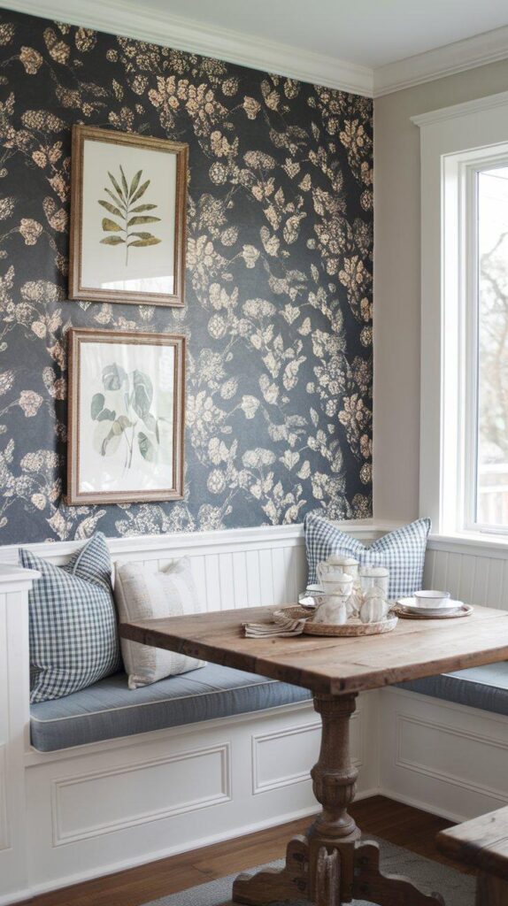 A farmhouse breakfast nook with a stylish accent wall featuring shiplap, reclaimed wood, or vintage wallpaper, adding texture and charm to the space.