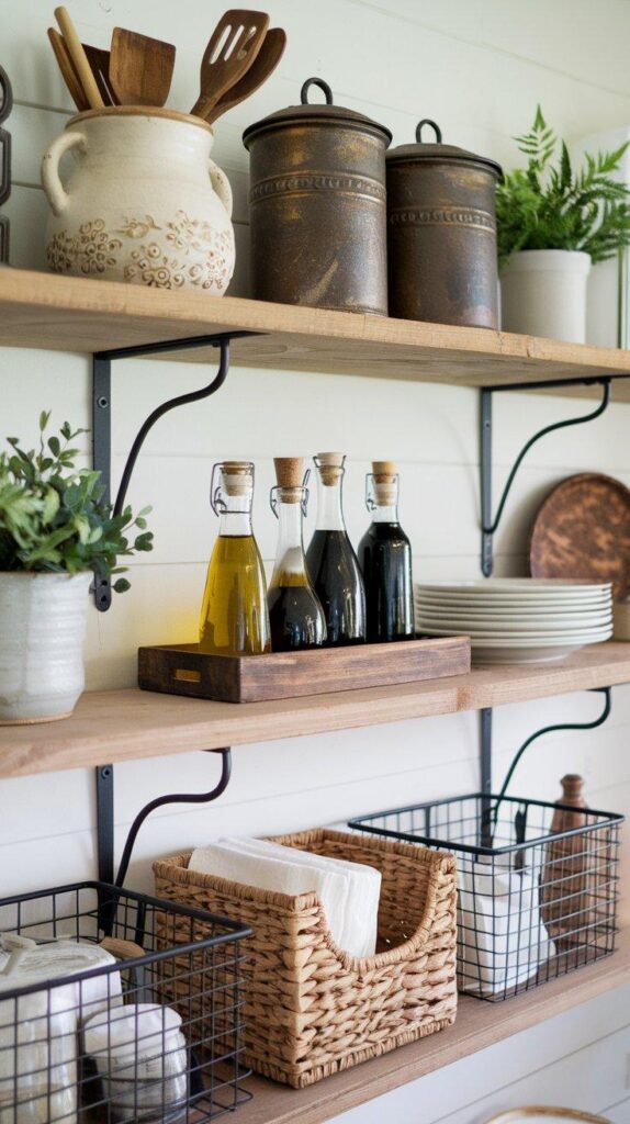 A rustic farmhouse kitchen shelf with decorative storage, featuring ceramic crocks, glass bottles, woven baskets, and wooden trays for an organized and stylish look.