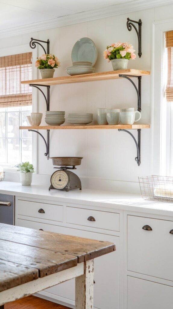 Farmhouse kitchen shelves styled with white ceramics, wooden accents, linen napkins, and vintage stoneware for a warm, rustic feel.