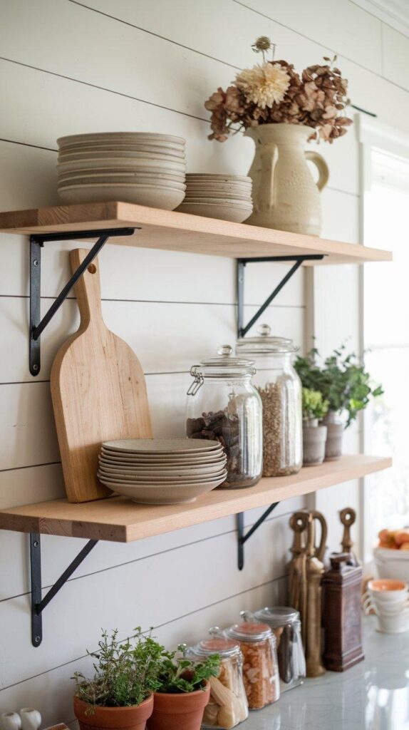 A rustic kitchen shelf blending functional plates and bowls with decorative dried flowers, antique jars, and potted herbs for a balanced look.