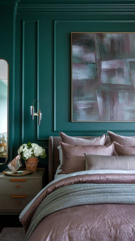 Dark bedroom with abstract statement art, stylish accessories, and curated decor for a polished and personalized space.