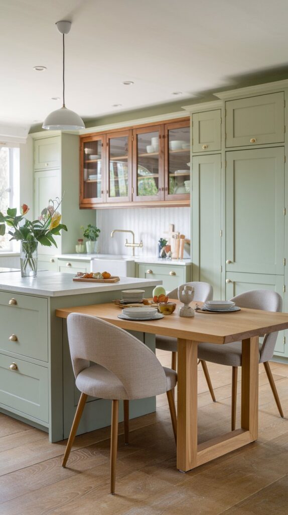 Kitchen with a green island featuring an attached wooden dining table, offering extra seating and warmth.