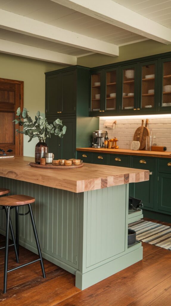 Kitchen with green cabinets and warm wood countertops, featuring a sage green island and butcher block surfaces.