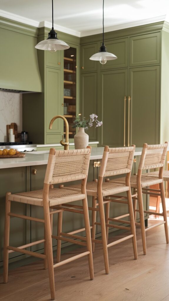 Green kitchen with natural wood bar stools, featuring cushioned and woven seat options for a warm and stylish look, showcasing green kitchen cabinet ideas with wood accents.