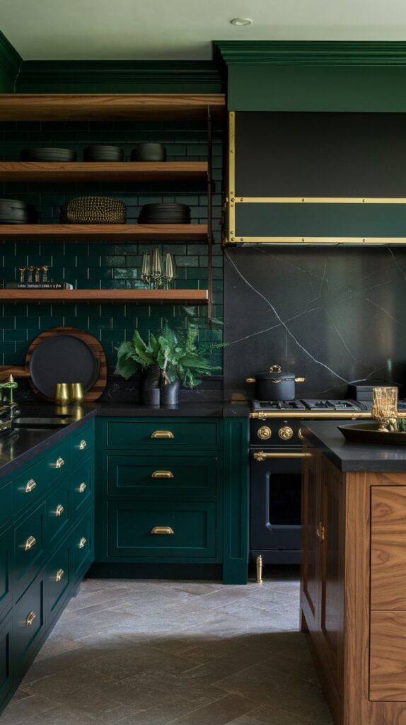 Kitchen with hunter green cabinets and walnut wood accents, featuring brass hardware and a sophisticated, moody ambiance.