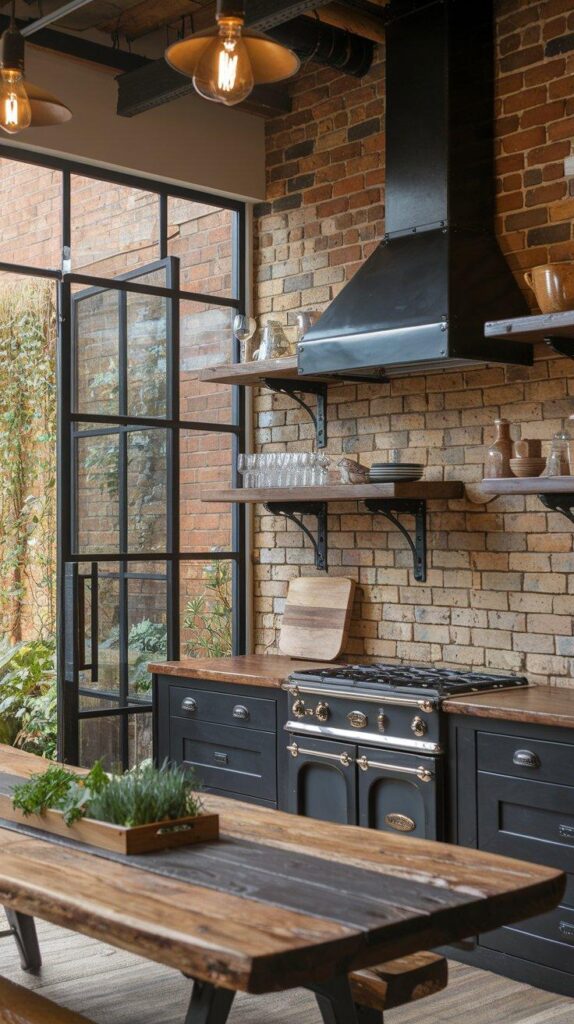 Kitchen shelves with wood and black metal brackets, styled with iron details, metal trays, and exposed brick for an industrial farmhouse look.