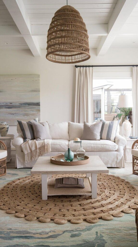 Layered jute and abstract cotton rug, ivory sofa, and natural wood furniture for textured seaside style.