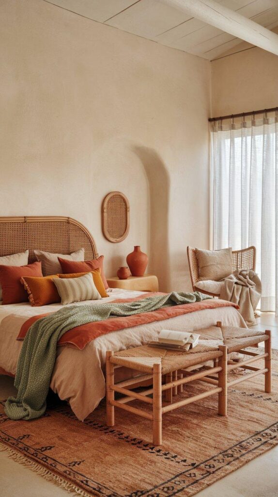 A cozy boho-chic bedroom with light beige walls, layered textiles, rattan accents, and earthy tones that feel warm and inviting.