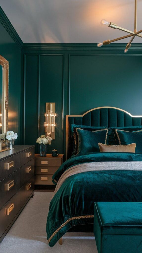 A luxurious dark green bedroom with emerald walls, gold accents, brass lighting, and velvet bedding, creating a chic and elegant interior.