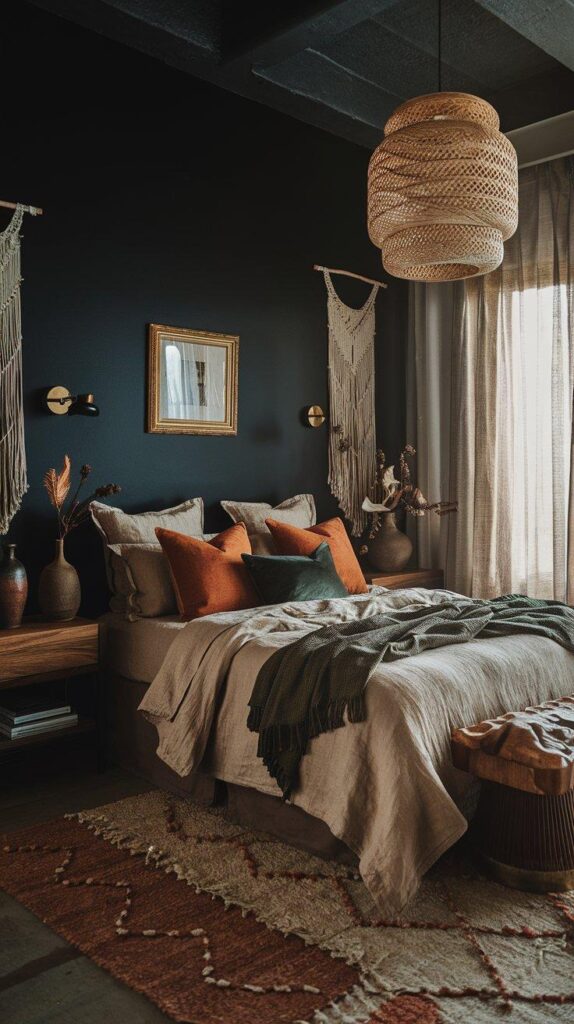 A moody boho bedroom with a midnight blue accent wall, warm-toned bedding, gold accents, and rustic wood elements for a cozy yet luxurious feel, featuring a Boho Chic Bedroom Color Palette.
