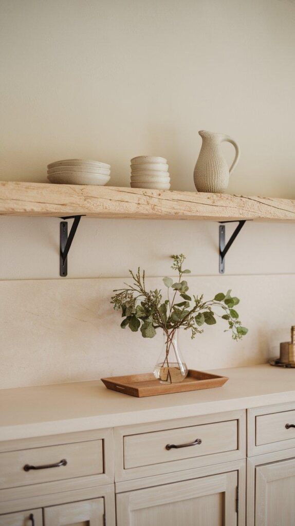A minimalist rustic kitchen shelf with white stoneware bowls, a ceramic pitcher, and a wooden tray, creating a clean and simple modern rustic aesthetic.