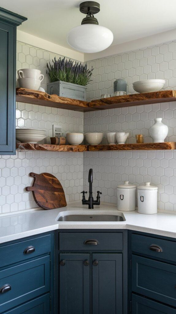 Small kitchen shelves with neatly stacked white dishes, wooden accents, and a woven basket, creating a minimalist and functional open shelving design.