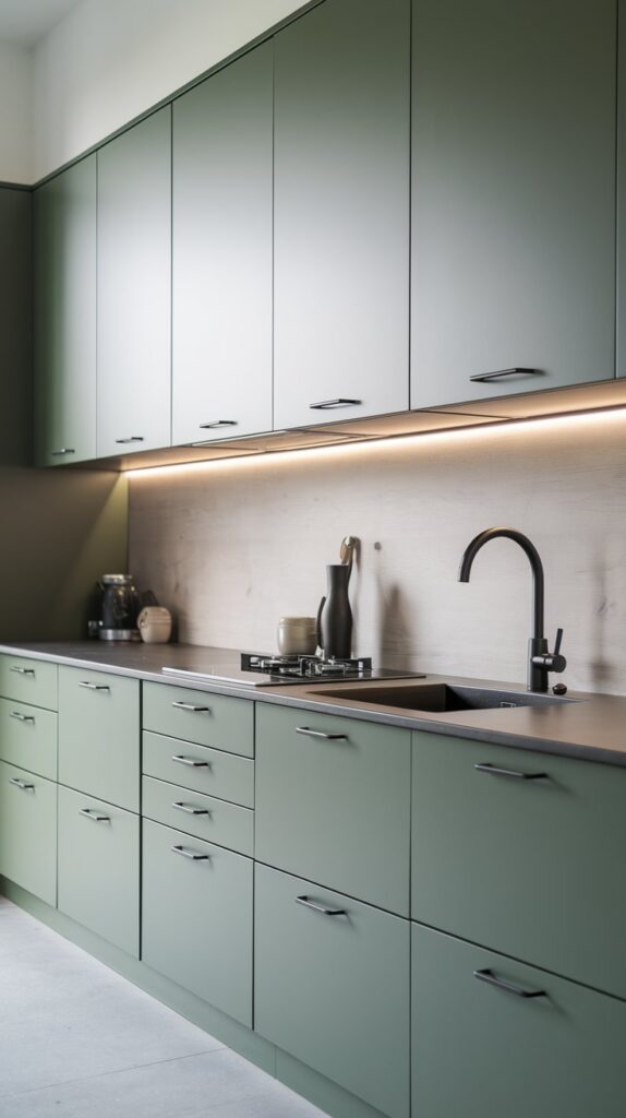 Minimalist green kitchen with matte handle-free cabinets, black fixtures, and hidden storage.