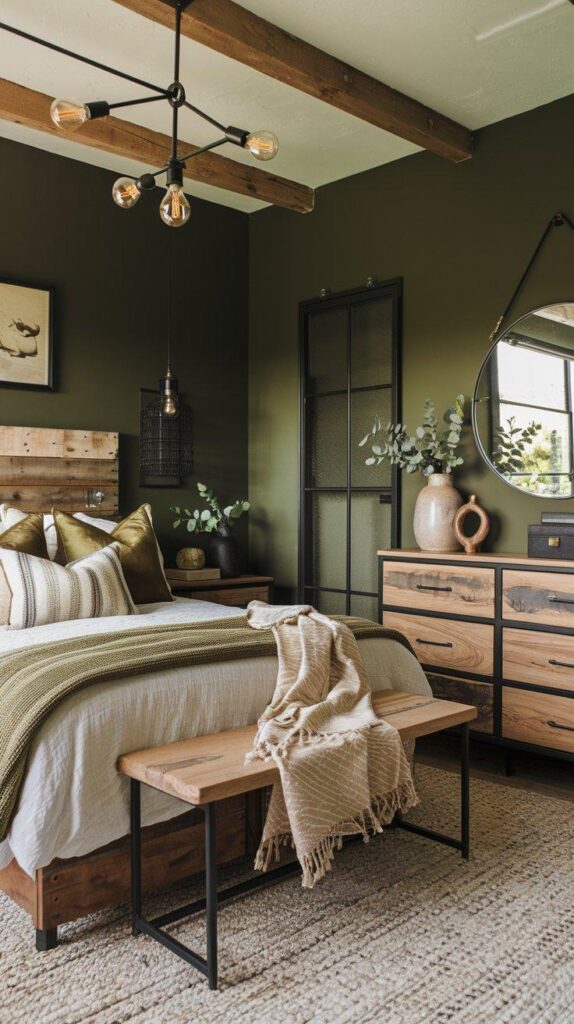 Modern rustic bedroom with forest green walls, reclaimed wood furniture, and industrial black metal lighting for a cozy yet contemporary look.
