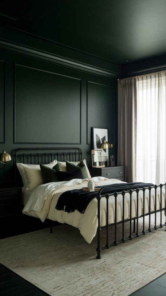 Bedroom with emerald walls, black furniture, creamy bedding, and gold accents for a bold yet balanced modern look.