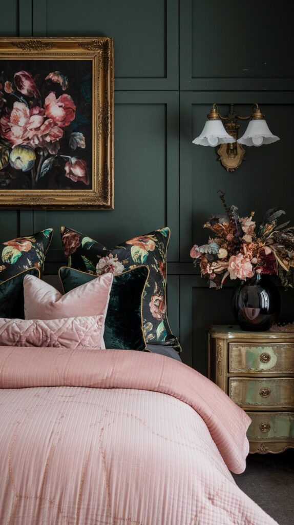 Elegant moody bedroom with blush pink bedding, vintage floral pillows, gold accents, and romantic dried floral decor.