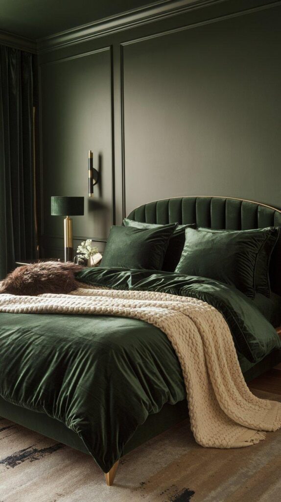 Moody bedroom with emerald velvet bedding, layered textures including silk sheets, chunky knit throw, and faux-fur accents for a cozy, luxurious look.