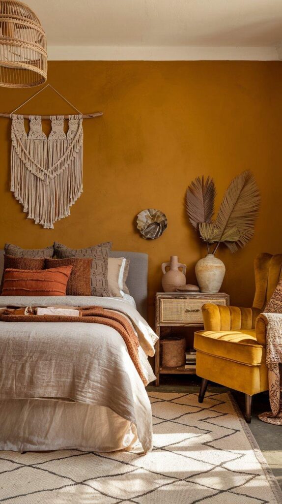 A cozy boho bedroom with a mustard yellow accent wall, earthy-toned bedding, rattan decor, and vintage-inspired textiles for a warm, retro aesthetic.