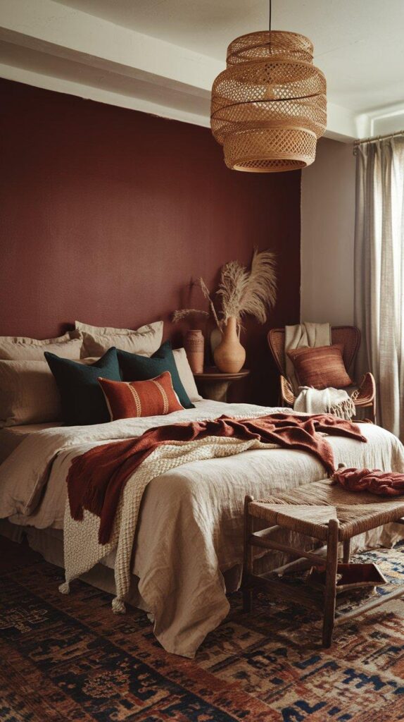 A warm boho bedroom with a muted oxblood red accent wall, beige linen bedding, eclectic throw pillows, and woven decor for a cozy, vintage-inspired aesthetic.